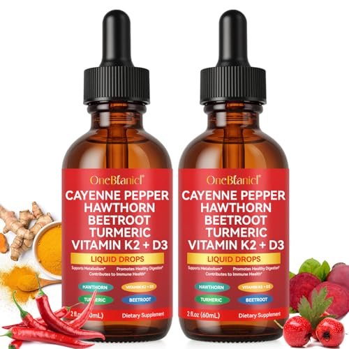 Cayenne Pfeffer Tropfen, Cayenne Pfeffer Weißdorn Rote Bete Kurkuma Vitamin K2 & D3 Flüssig Nahrungsergänzung, 2er-Pack
