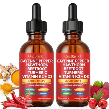 Cayenne Pfeffer Tropfen, Cayenne Pfeffer Weißdorn Rote Bete Kurkuma Vitamin K2 & D3 Flüssig Nahrungsergänzung, 2er-Pack