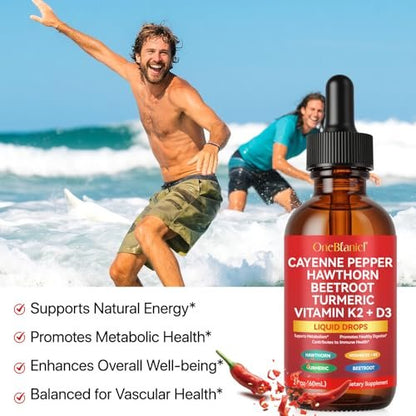 Cayenne Pfeffer Tropfen, Cayenne Pfeffer Weißdorn Rote Bete Kurkuma Vitamin K2 & D3 Flüssig Nahrungsergänzung, 2er-Pack