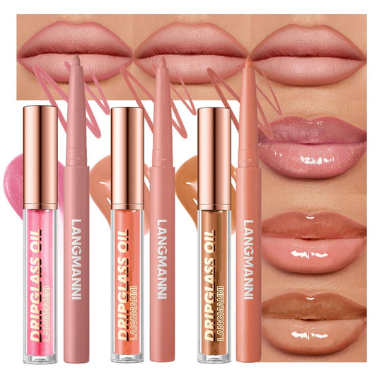 6-teiliges Lippenöl-Set mit Lip Liner – 24H lang anhaltendes Lippen-Kit, pflegend, nicht klebend, getönter Lippenglanz, aufpolsterndes Lippenöl-Set für Frauen (Set A)