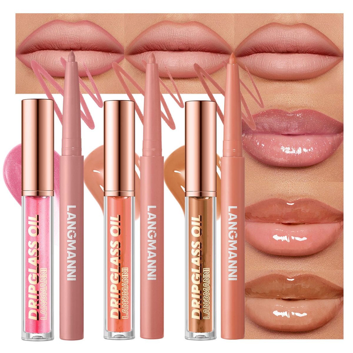 6-teiliges Lippenöl-Set mit Lip Liner – 24H lang anhaltendes Lippen-Kit, pflegend, nicht klebend, getönter Lippenglanz, aufpolsterndes Lippenöl-Set für Frauen (Set A)