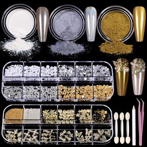 Teenitor Gold Chrome Nail Powder Set mit Nagelverzierungen und Edelsteinen, Perl-Chrompulver für Nägel, Silber-Chrompulver für Gel-Nägel, Nagelbedarf Nageldekoration