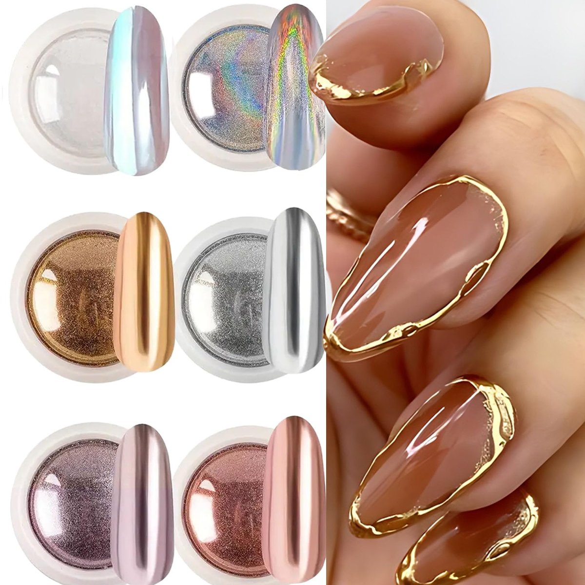 Brtavizvy Chrome Nagellackpulver Set – 6 Metallic Farben Gold, Silber, Roségold, Weiß, Spiegelpulver & Holografischer Glitzer für atemberaubende Nail Art
