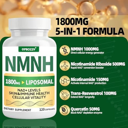 NMNH Supplement 1000mg – Nicotinamid-Mononukleotid Alternative mit liposomalem Resveratrol & Nicotinamid-Ribosid NR, steigert NAD+, für gesunde Zellen, Alterung, Energie, 120 vegane Non-GMO Kapseln