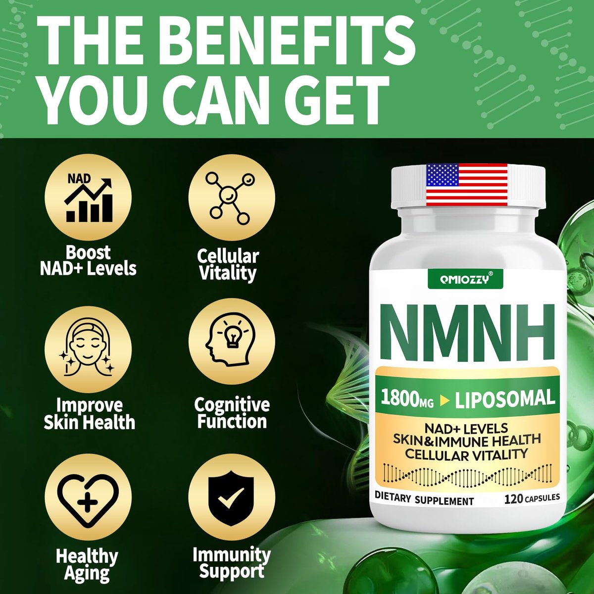 NMNH Supplement 1000mg – Nicotinamid-Mononukleotid Alternative mit liposomalem Resveratrol & Nicotinamid-Ribosid NR, steigert NAD+, für gesunde Zellen, Alterung, Energie, 120 vegane Non-GMO Kapseln