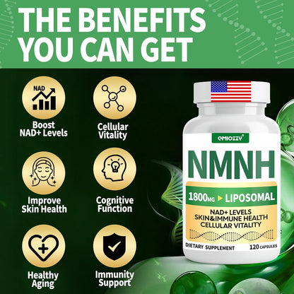NMNH Supplement 1000mg – Nicotinamid-Mononukleotid Alternative mit liposomalem Resveratrol & Nicotinamid-Ribosid NR, steigert NAD+, für gesunde Zellen, Alterung, Energie, 120 vegane Non-GMO Kapseln