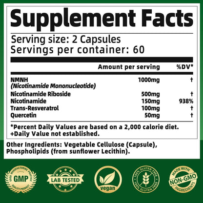NMNH Supplement 1000mg – Nicotinamid-Mononukleotid Alternative mit liposomalem Resveratrol & Nicotinamid-Ribosid NR, steigert NAD+, für gesunde Zellen, Alterung, Energie, 120 vegane Non-GMO Kapseln