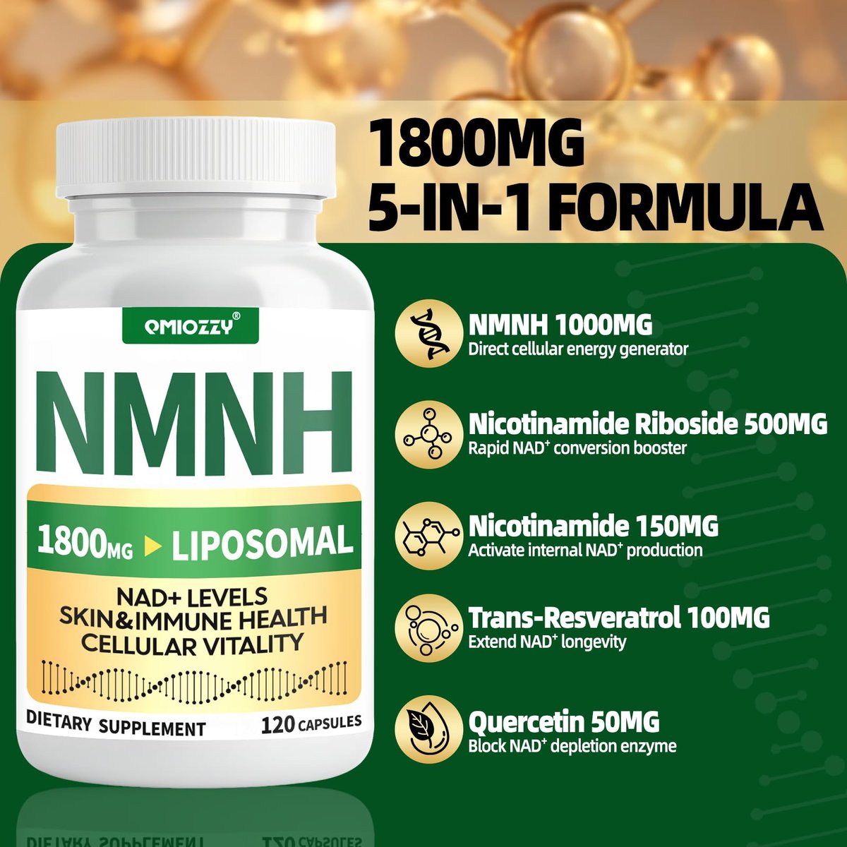 NMNH Supplement 1000mg – Nicotinamid-Mononukleotid Alternative mit liposomalem Resveratrol & Nicotinamid-Ribosid NR, steigert NAD+, für gesunde Zellen, Alterung, Energie, 120 vegane Non-GMO Kapseln