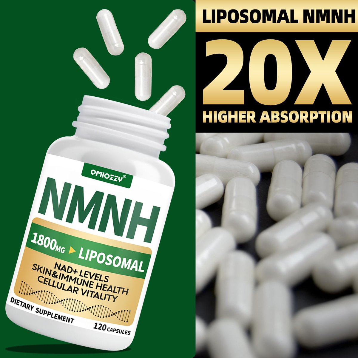 NMNH Supplement 1000mg – Nicotinamid-Mononukleotid Alternative mit liposomalem Resveratrol & Nicotinamid-Ribosid NR, steigert NAD+, für gesunde Zellen, Alterung, Energie, 120 vegane Non-GMO Kapseln