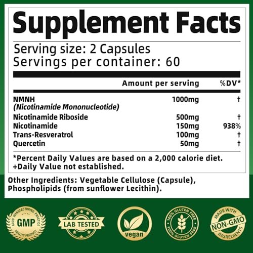 NMNH Supplement 1000mg – Nicotinamid-Mononukleotid Alternative mit liposomalem Resveratrol & Nicotinamid-Ribosid NR, steigert NAD+, für gesunde Zellen, Alterung, Energie, 120 vegane Non-GMO Kapseln