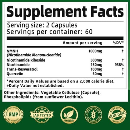 NMNH Supplement 1000mg – Nicotinamid-Mononukleotid Alternative mit liposomalem Resveratrol & Nicotinamid-Ribosid NR, steigert NAD+, für gesunde Zellen, Alterung, Energie, 120 vegane Non-GMO Kapseln