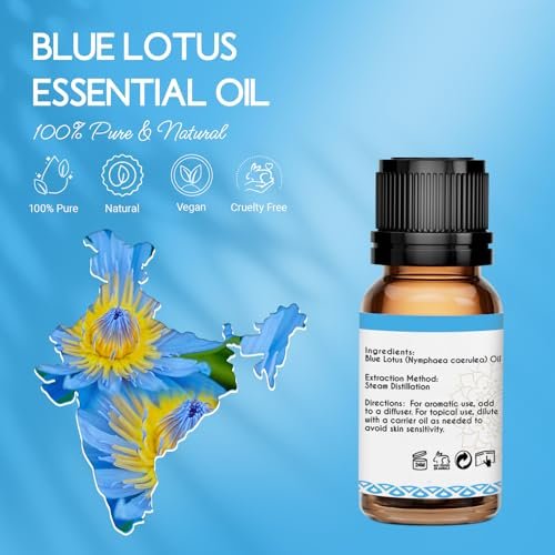 LOTUSJOY 100% reines blaues Lotusöl 0,34 Fl Oz – Natürliches ätherisches Lotusöl in Amberglasflasche mit Pipette für Diffuser, Massage, Haut & DIY