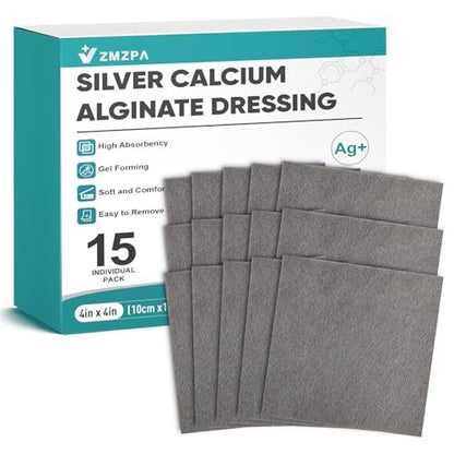 Ag Silber Calcium Alginat Wundauflage 10x10 cm, nicht haftende Pads für Wunden, weiche Silberauflage für die Wundpflege, hochsaugfähige Kompressen, 15 Stück