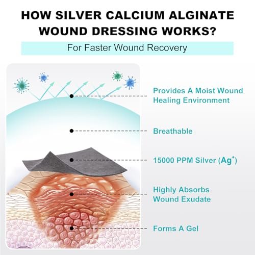 Ag Silber Calcium Alginat Wundauflage 10x10 cm, nicht haftende Pads für Wunden, weiche Silberauflage für die Wundpflege, hochsaugfähige Kompressen, 15 Stück