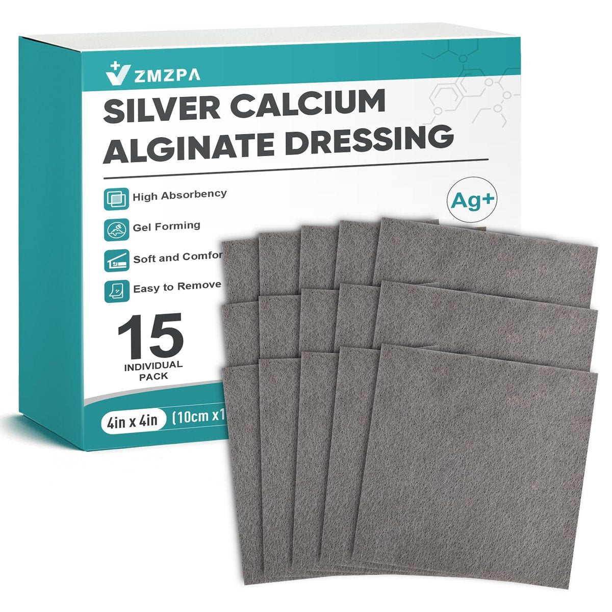 Ag Silber Calcium Alginat Wundauflage 10x10 cm, nicht haftende Pads für Wunden, weiche Silberauflage für die Wundpflege, hochsaugfähige Kompressen, 15 Stück