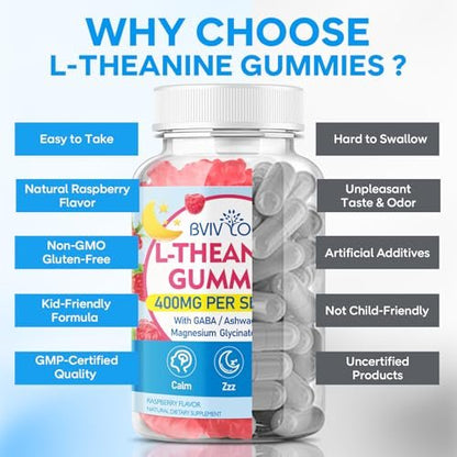 BVIVLOO L-Theanine Gummis mit L-Theanin 400 mg, Ashwagandha, GABA, 5-HTP, Magnesiumglycinat für Ruhe, Schlaf & Entspannung – Vegan, Himbeergeschmack, 60 Stück