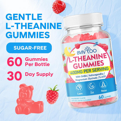 BVIVLOO L-Theanine Gummis mit L-Theanin 400 mg, Ashwagandha, GABA, 5-HTP, Magnesiumglycinat für Ruhe, Schlaf & Entspannung – Vegan, Himbeergeschmack, 60 Stück
