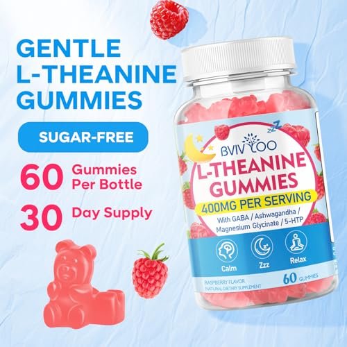 BVIVLOO L-Theanine Gummis mit L-Theanin 400 mg, Ashwagandha, GABA, 5-HTP, Magnesiumglycinat für Ruhe, Schlaf & Entspannung – Vegan, Himbeergeschmack, 60 Stück