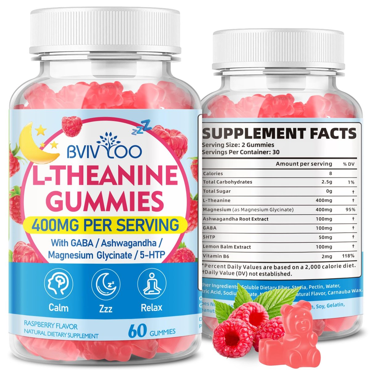 BVIVLOO L-Theanine Gummis mit L-Theanin 400 mg, Ashwagandha, GABA, 5-HTP, Magnesiumglycinat für Ruhe, Schlaf & Entspannung – Vegan, Himbeergeschmack, 60 Stück