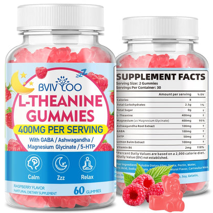 BVIVLOO L-Theanine Gummis mit L-Theanin 400 mg, Ashwagandha, GABA, 5-HTP, Magnesiumglycinat für Ruhe, Schlaf & Entspannung – Vegan, Himbeergeschmack, 60 Stück