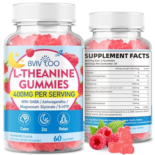 BVIVLOO L-Theanine Gummis mit L-Theanin 400 mg, Ashwagandha, GABA, 5-HTP, Magnesiumglycinat für Ruhe, Schlaf & Entspannung – Vegan, Himbeergeschmack, 60 Stück