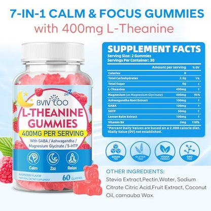 BVIVLOO L-Theanine Gummis mit L-Theanin 400 mg, Ashwagandha, GABA, 5-HTP, Magnesiumglycinat für Ruhe, Schlaf & Entspannung – Vegan, Himbeergeschmack, 60 Stück