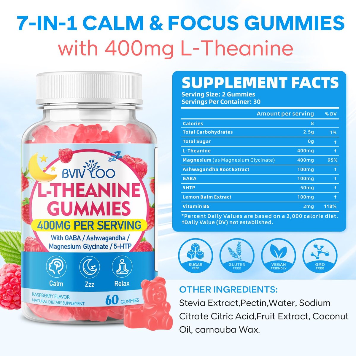 BVIVLOO L-Theanine Gummis mit L-Theanin 400 mg, Ashwagandha, GABA, 5-HTP, Magnesiumglycinat für Ruhe, Schlaf & Entspannung – Vegan, Himbeergeschmack, 60 Stück