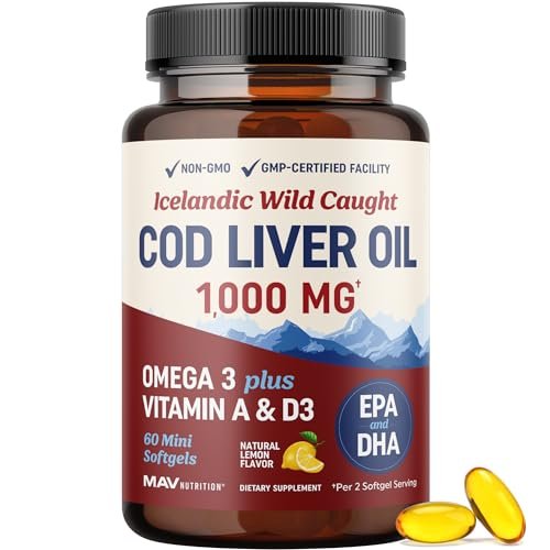 MAV NUTRITION Lebertran Kapseln 1000 mg | Omega 3 + Vitamin A & D3 | Wild gefangenes isländisches Lebertran, molekular destilliert | EPA DHA Omega 3 Nahrungsergänzung für Knochen- und Immunsystem | 60 Stück