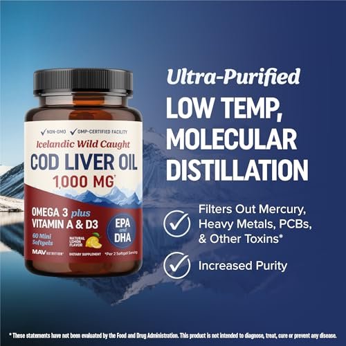 MAV NUTRITION Lebertran Kapseln 1000 mg | Omega 3 + Vitamin A & D3 | Wild gefangenes isländisches Lebertran, molekular destilliert | EPA DHA Omega 3 Nahrungsergänzung für Knochen- und Immunsystem | 60 Stück