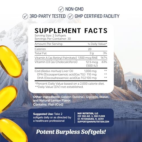 MAV NUTRITION Lebertran Kapseln 1000 mg | Omega 3 + Vitamin A & D3 | Wild gefangenes isländisches Lebertran, molekular destilliert | EPA DHA Omega 3 Nahrungsergänzung für Knochen- und Immunsystem | 60 Stück