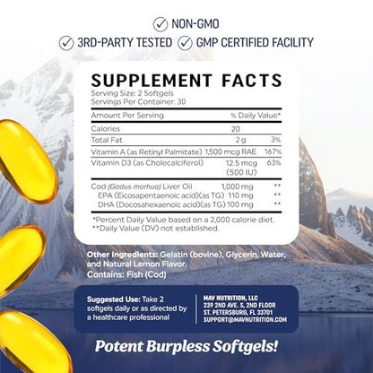 MAV NUTRITION Lebertran Kapseln 1000 mg | Omega 3 + Vitamin A & D3 | Wild gefangenes isländisches Lebertran, molekular destilliert | EPA DHA Omega 3 Nahrungsergänzung für Knochen- und Immunsystem | 60 Stück