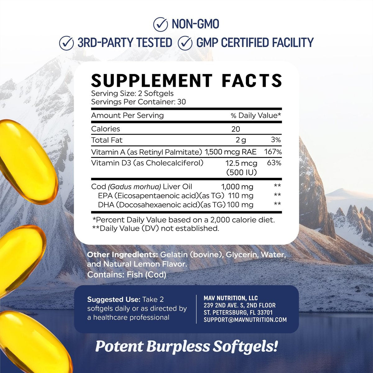 MAV NUTRITION Lebertran Kapseln 1000 mg | Omega 3 + Vitamin A & D3 | Wild gefangenes isländisches Lebertran, molekular destilliert | EPA DHA Omega 3 Nahrungsergänzung für Knochen- und Immunsystem | 60 Stück