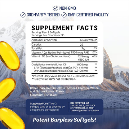 MAV NUTRITION Lebertran Kapseln 1000 mg | Omega 3 + Vitamin A & D3 | Wild gefangenes isländisches Lebertran, molekular destilliert | EPA DHA Omega 3 Nahrungsergänzung für Knochen- und Immunsystem | 60 Stück