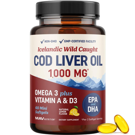 MAV NUTRITION Lebertran Kapseln 1000 mg | Omega 3 + Vitamin A & D3 | Wild gefangenes isländisches Lebertran, molekular destilliert | EPA DHA Omega 3 Nahrungsergänzung für Knochen- und Immunsystem | 60 Stück
