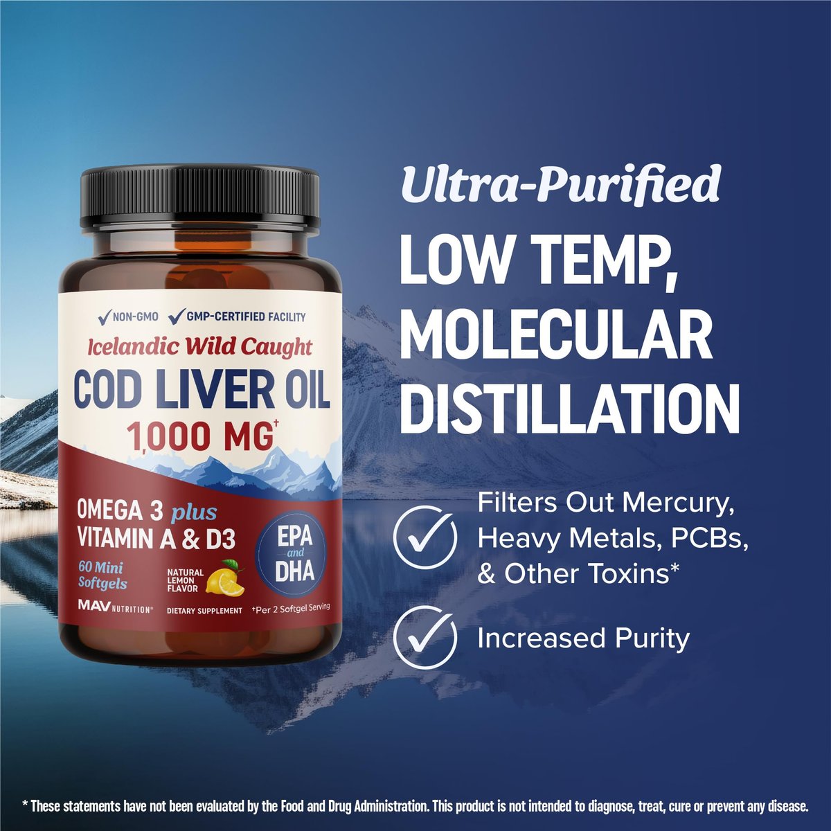 MAV NUTRITION Lebertran Kapseln 1000 mg | Omega 3 + Vitamin A & D3 | Wild gefangenes isländisches Lebertran, molekular destilliert | EPA DHA Omega 3 Nahrungsergänzung für Knochen- und Immunsystem | 60 Stück