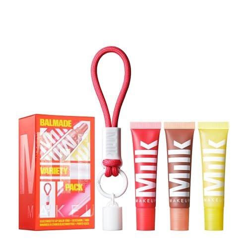Milk Makeup Balmade Hydrating Lip Balm 3er-Set – getönte, hochglänzende Lippenpflege für sichtbar vollere Lippen + exklusiver Schlüsselanhänger – Electron (klar), Pump (warmes Beige) + Core (Rot)