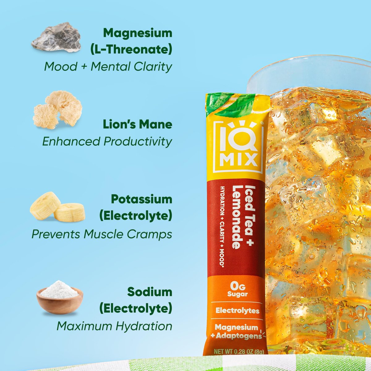 IQMIX Hydration Elektrolyt-Pulver – 4-in-1 Formel für Hydration, mentale Klarheit, Stimmung und Erholung – Zuckerfreies Getränkepulver, Keto, Magnesium-L-Threonat, Löwenmähne – 20 Beutel Neuer Eistee Zitronenlimonade