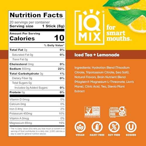 IQMIX Hydration Elektrolyt-Pulver – 4-in-1 Formel für Hydration, mentale Klarheit, Stimmung und Erholung – Zuckerfreies Getränkepulver, Keto, Magnesium-L-Threonat, Löwenmähne – 20 Beutel Neuer Eistee Zitronenlimonade