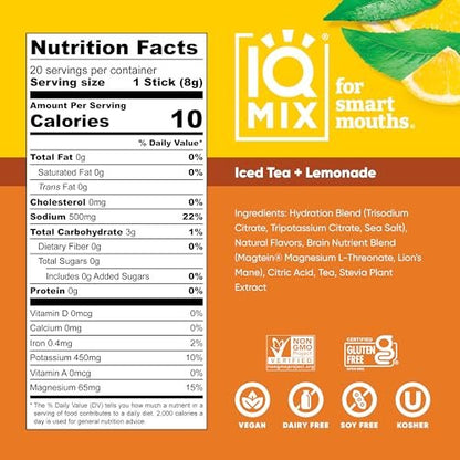 IQMIX Hydration Elektrolyt-Pulver – 4-in-1 Formel für Hydration, mentale Klarheit, Stimmung und Erholung – Zuckerfreies Getränkepulver, Keto, Magnesium-L-Threonat, Löwenmähne – 20 Beutel Neuer Eistee Zitronenlimonade