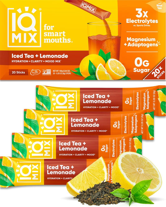 IQMIX Hydration Elektrolyt-Pulver – 4-in-1 Formel für Hydration, mentale Klarheit, Stimmung und Erholung – Zuckerfreies Getränkepulver, Keto, Magnesium-L-Threonat, Löwenmähne – 20 Beutel Neuer Eistee Zitronenlimonade