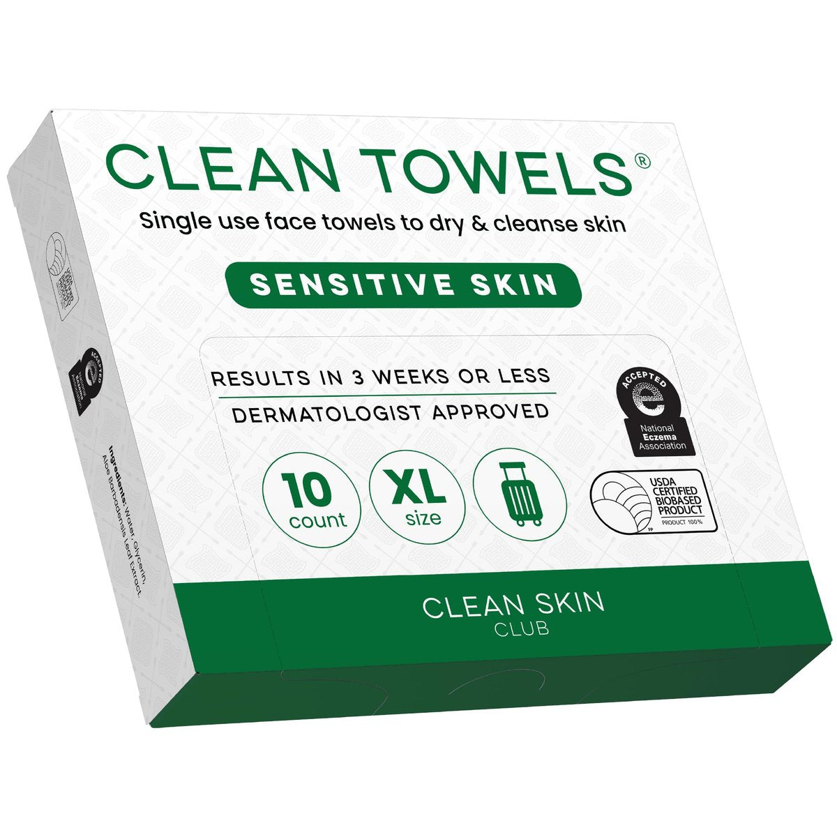Clean Skin Club Clean Towels® XL Sensitive Skin | Reisegröße, ultraweiche Einweichtücher für das Gesicht mit Aloe & Glycerin für empfindliche Haut, TSA-geprüftes Reise-Essential, 1 Packung, 10 Tücher insgesamt