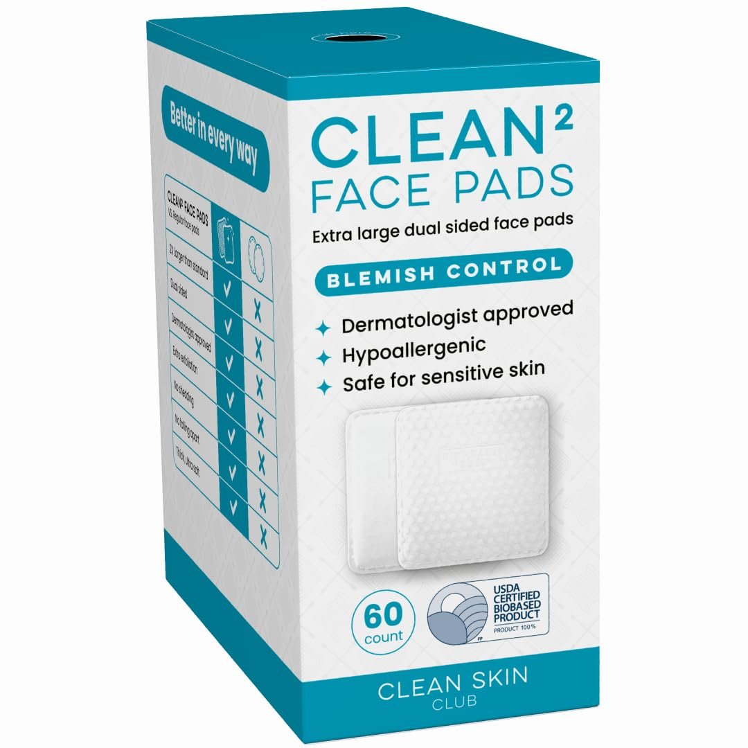 Clean Skin Club Clean² Blemish Control Face Pads – Extra Large, Doppelseitige Gesichtspads für zu Unreinheiten neigende Haut, 100% biobasiert, dermatologisch bestätigt, 60 Stück