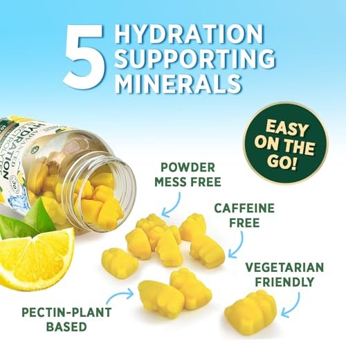 Hydratations-Elektrolyt-Gummibärchen – Täglicher Flüssigkeitsersatz – Elektrolyt-Multiplier mit Mineralien, Kalium & echtem Salz – Vegan, Nicht-GVO – Leckerer Zitronengeschmack – 60 Gummibärchen