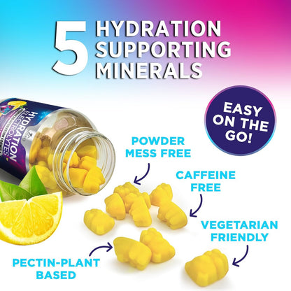 Hydration Electrolyte Gummies – Täglicher Flüssigkeitsersatz-Gummi mit Mineralien, Kalium & echtem Salz – Vegan, Nicht-GVO – Leckerer Zitronengeschmack – 120 Gummis