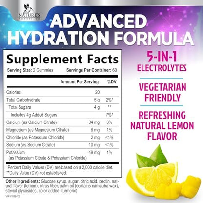 Hydration Electrolyte Gummies – Täglicher Flüssigkeitsersatz-Gummi mit Mineralien, Kalium & echtem Salz – Vegan, Nicht-GVO – Leckerer Zitronengeschmack – 120 Gummis