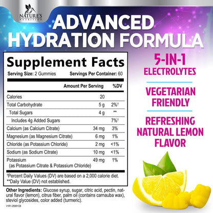 Hydration Electrolyte Gummies – Täglicher Flüssigkeitsersatz-Gummi mit Mineralien, Kalium & echtem Salz – Vegan, Nicht-GVO – Leckerer Zitronengeschmack – 120 Gummis