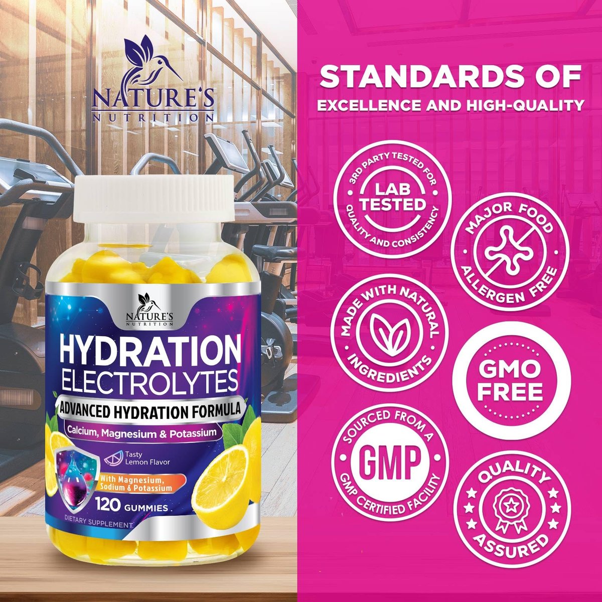 Hydration Electrolyte Gummies – Täglicher Flüssigkeitsersatz-Gummi mit Mineralien, Kalium & echtem Salz – Vegan, Nicht-GVO – Leckerer Zitronengeschmack – 120 Gummis