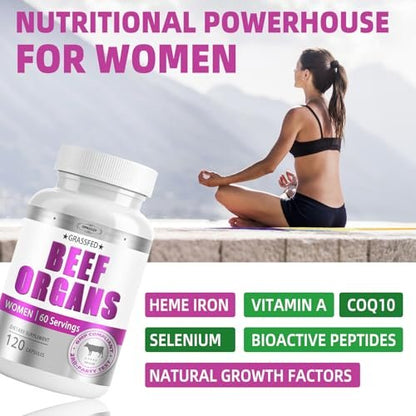 Bio-Rinderorgan-Präparat für Frauen – Weidehaltung, keine Füllstoffe, 120 Kapseln, 60 Portionen – unterstützt weibliche Energie und Gesundheit