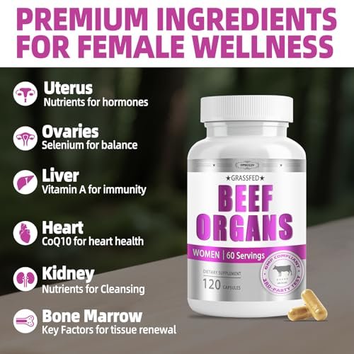 Bio-Rinderorgan-Präparat für Frauen – Weidehaltung, keine Füllstoffe, 120 Kapseln, 60 Portionen – unterstützt weibliche Energie und Gesundheit