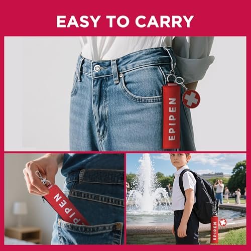 Tragbare EpiPen Aufbewahrungstasche, isolierte Notfalltasche für Medikamente, passend für 1 EpiPen, Asthma-Inhalator, Auvi-Q, Allergiemedikamente, Reise-EpiPen-Halter für Erwachsene und Kinder (Lila+Rot)